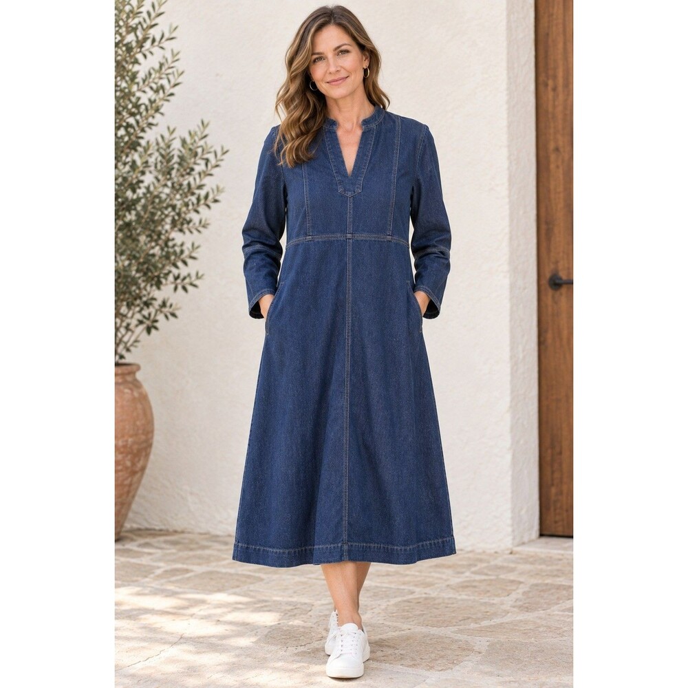 Chico's Seamed Denim Midi Dress V-Neck Blue Size 1 / US 8 Medium Bell Sleeves